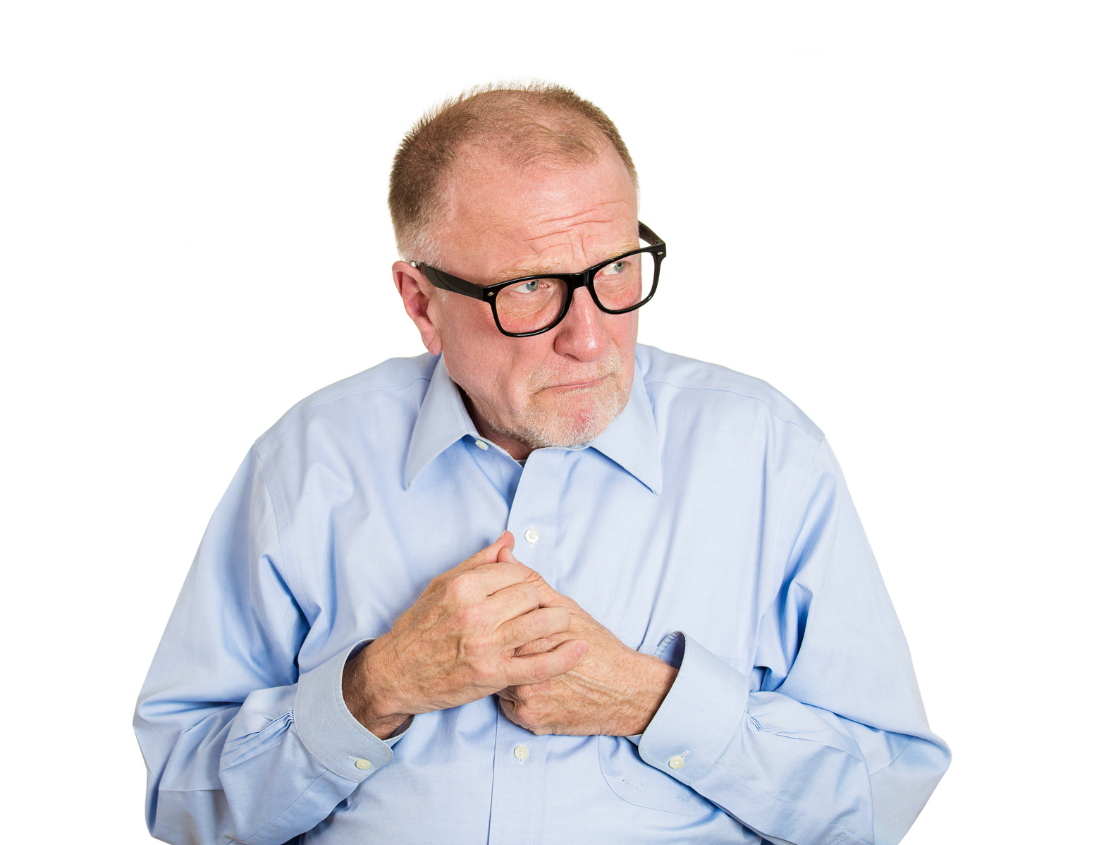 Portrait Shy Older Man In Glasses Isolated White Background Mirasee