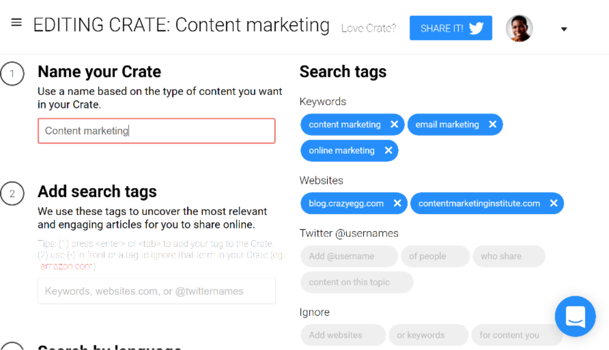 Setting up a new search in content tool Crate