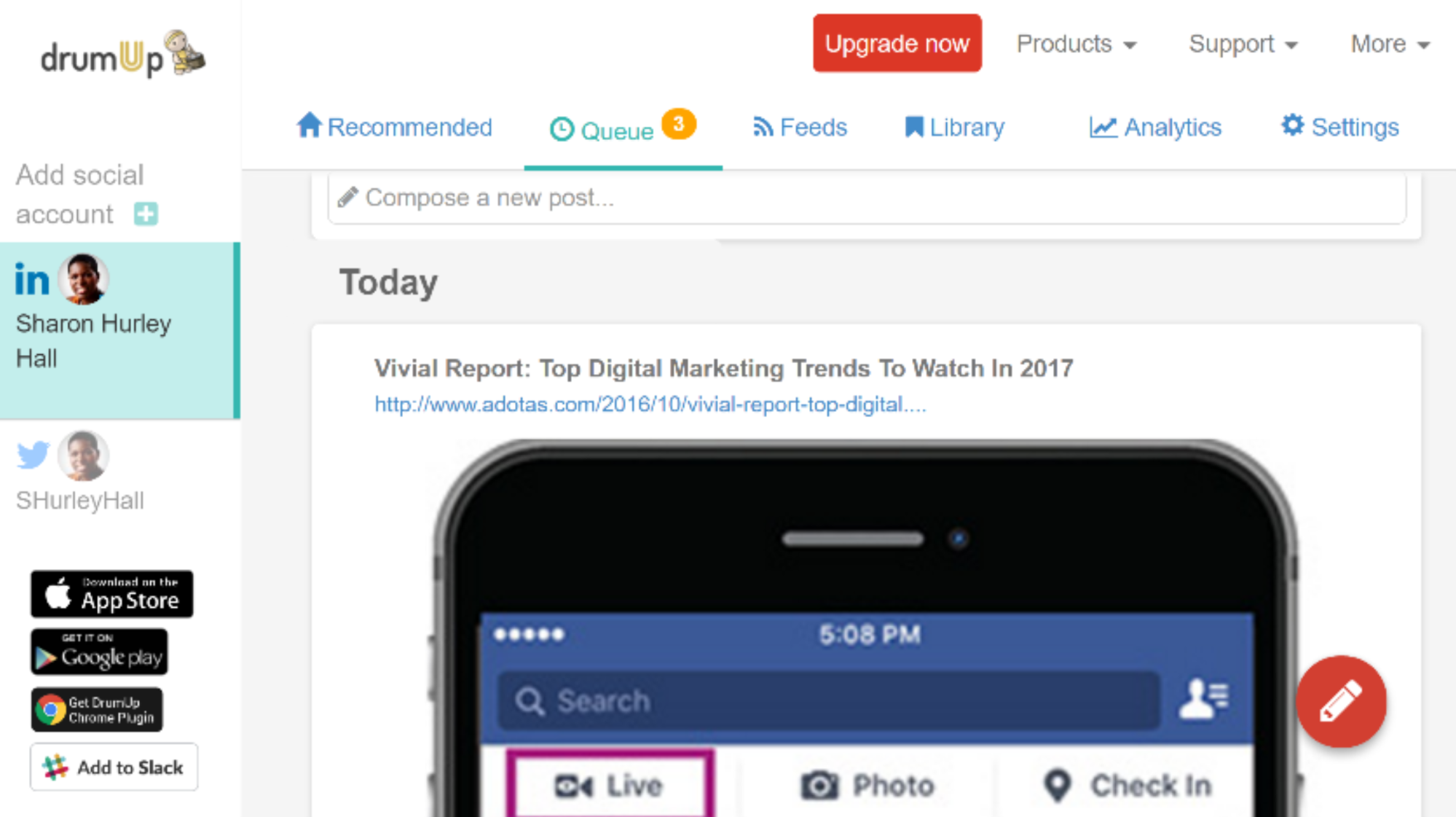 Content queue in DrumUp