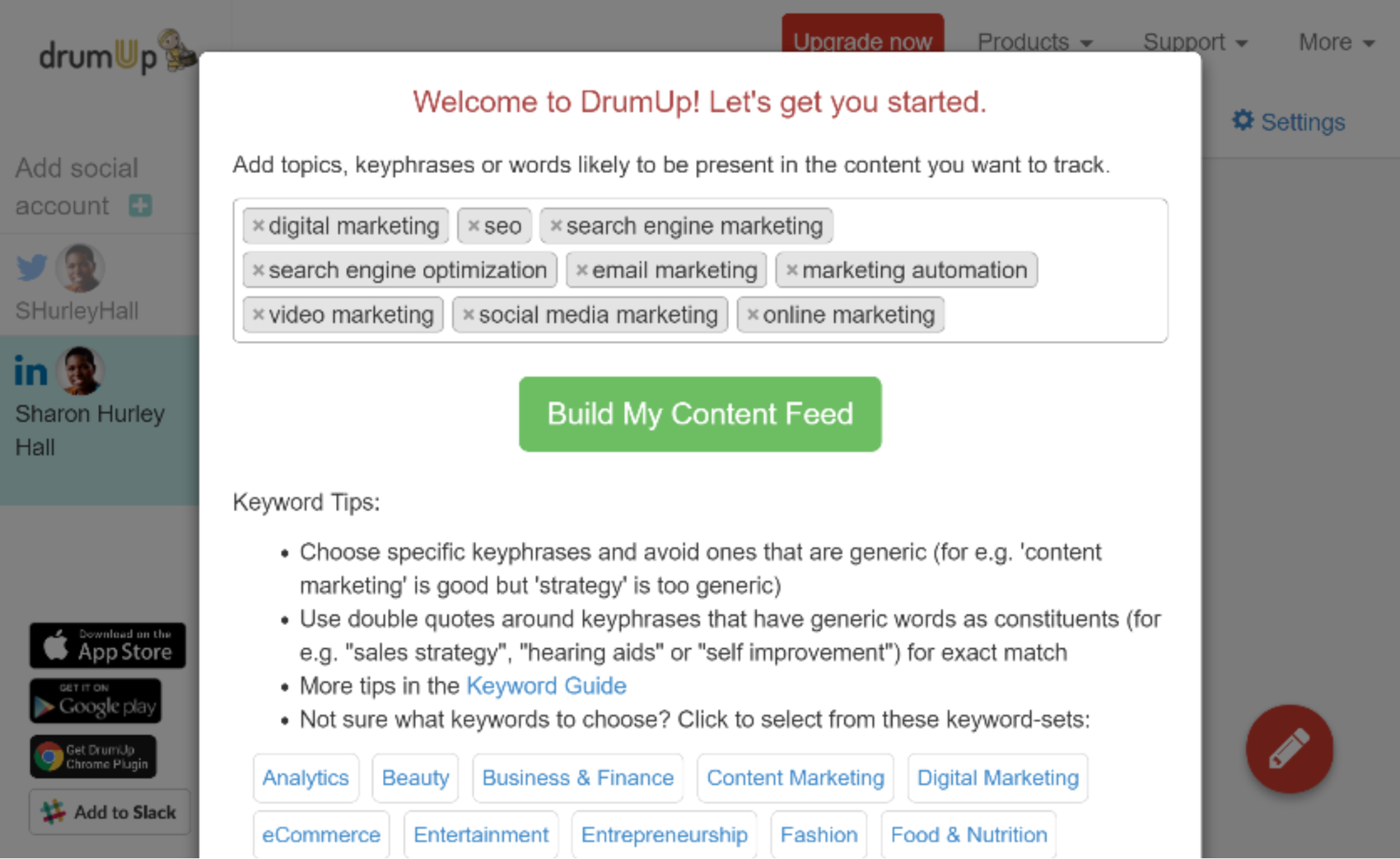 Build my content feed page on DrumUp