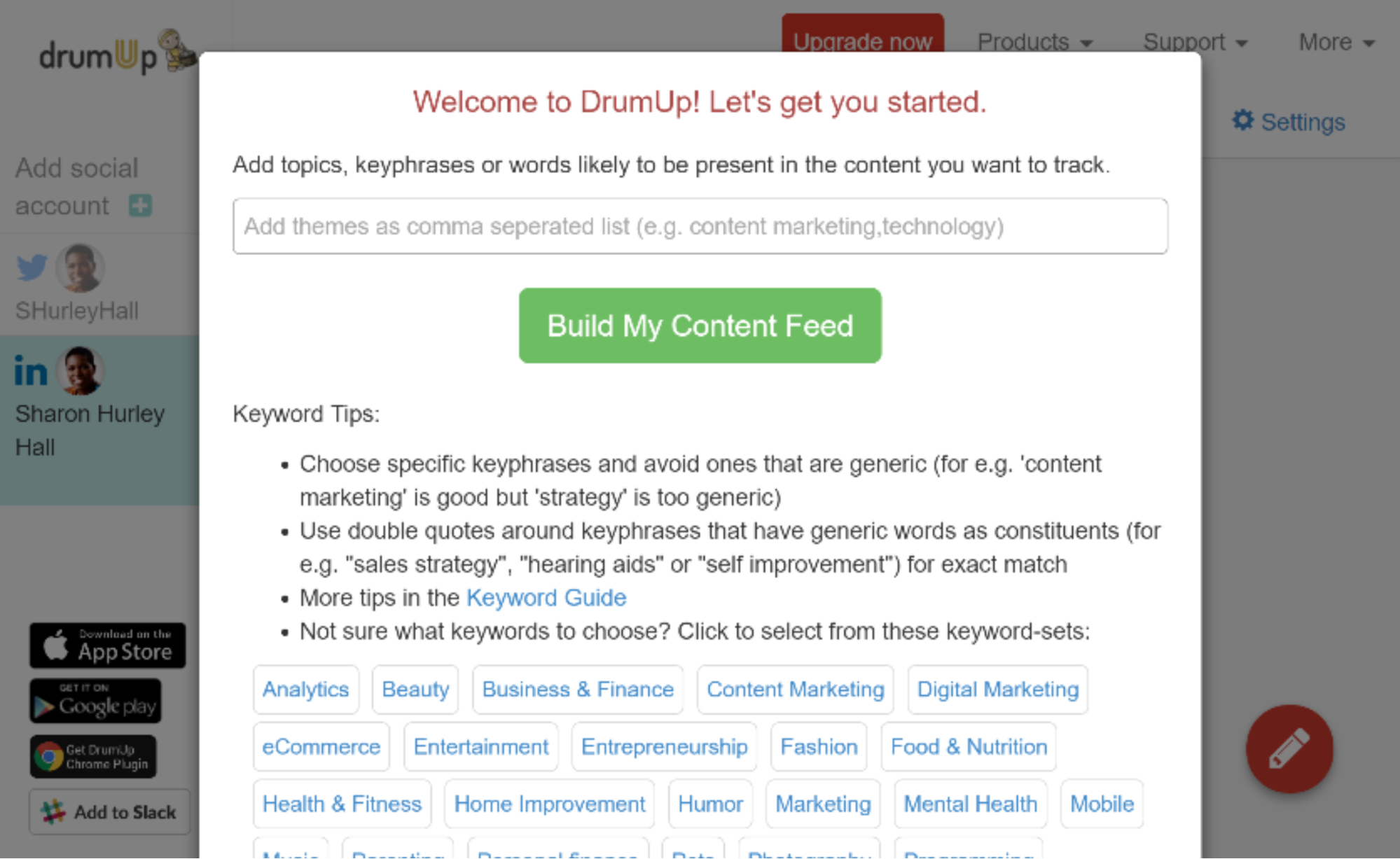 Setup page for content tool DrumUp