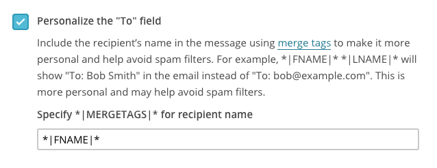 Screenshot of option to personalize "To" field in email campaign