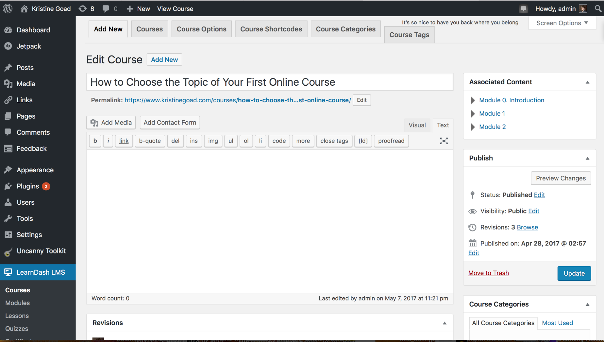 Screenshot of WordPress dashboard