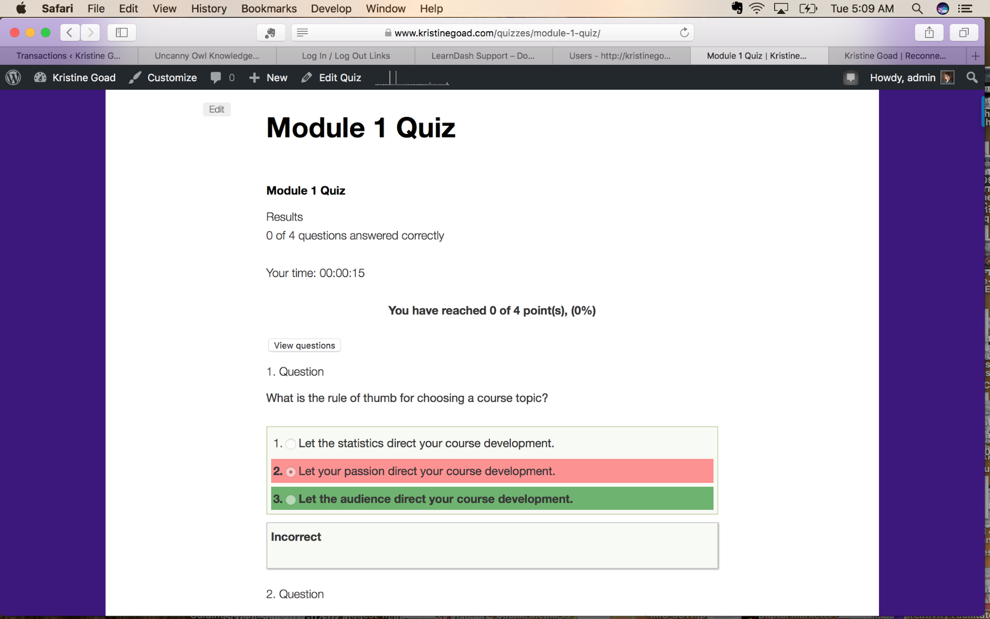 Screenshot of LearnDash quiz