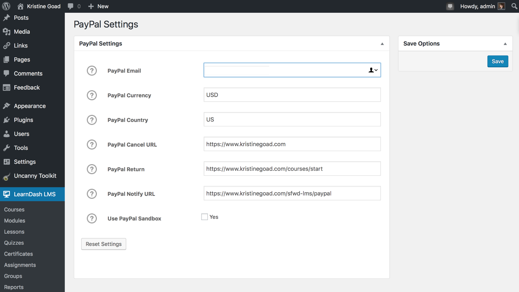 Screenshot of LearnDash PayPal settings