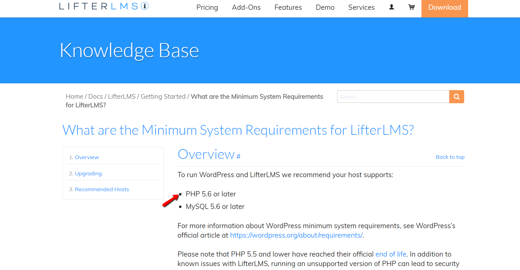 Screenshot of LifterLMS Knowledge Base