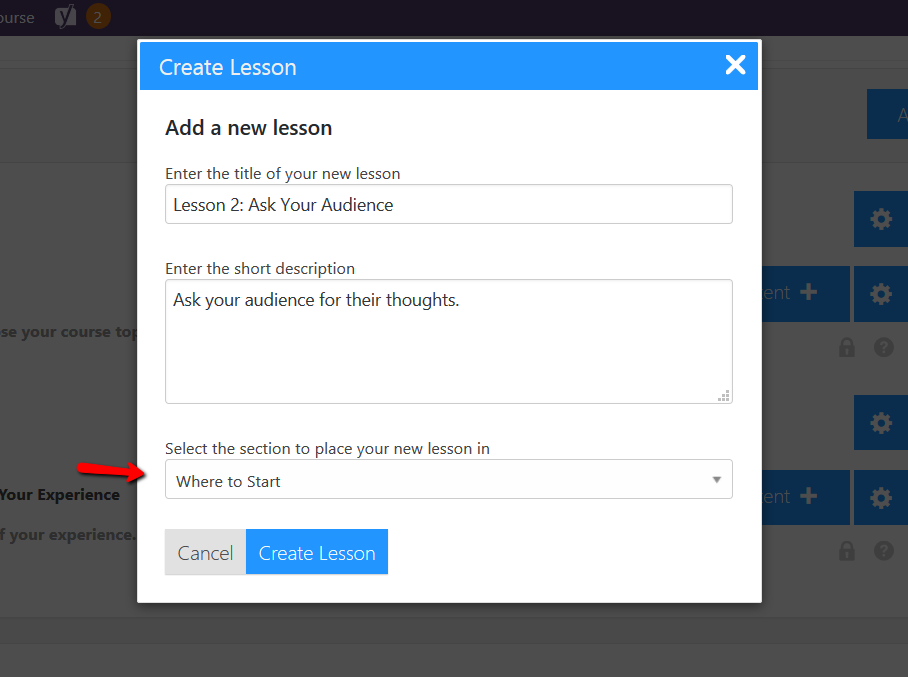 LifterLMS Create Lesson screen