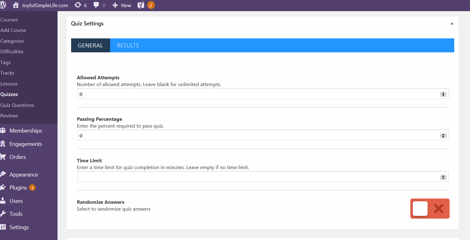 LifterLMS Quiz Settings screen