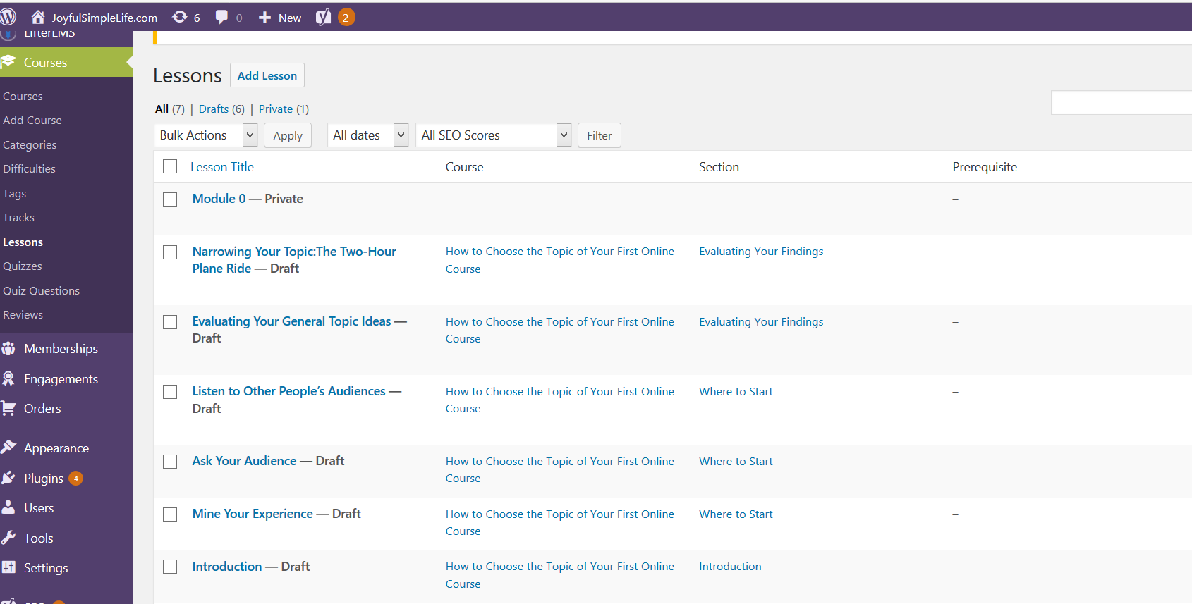 LifterLMS Lessons dashboard