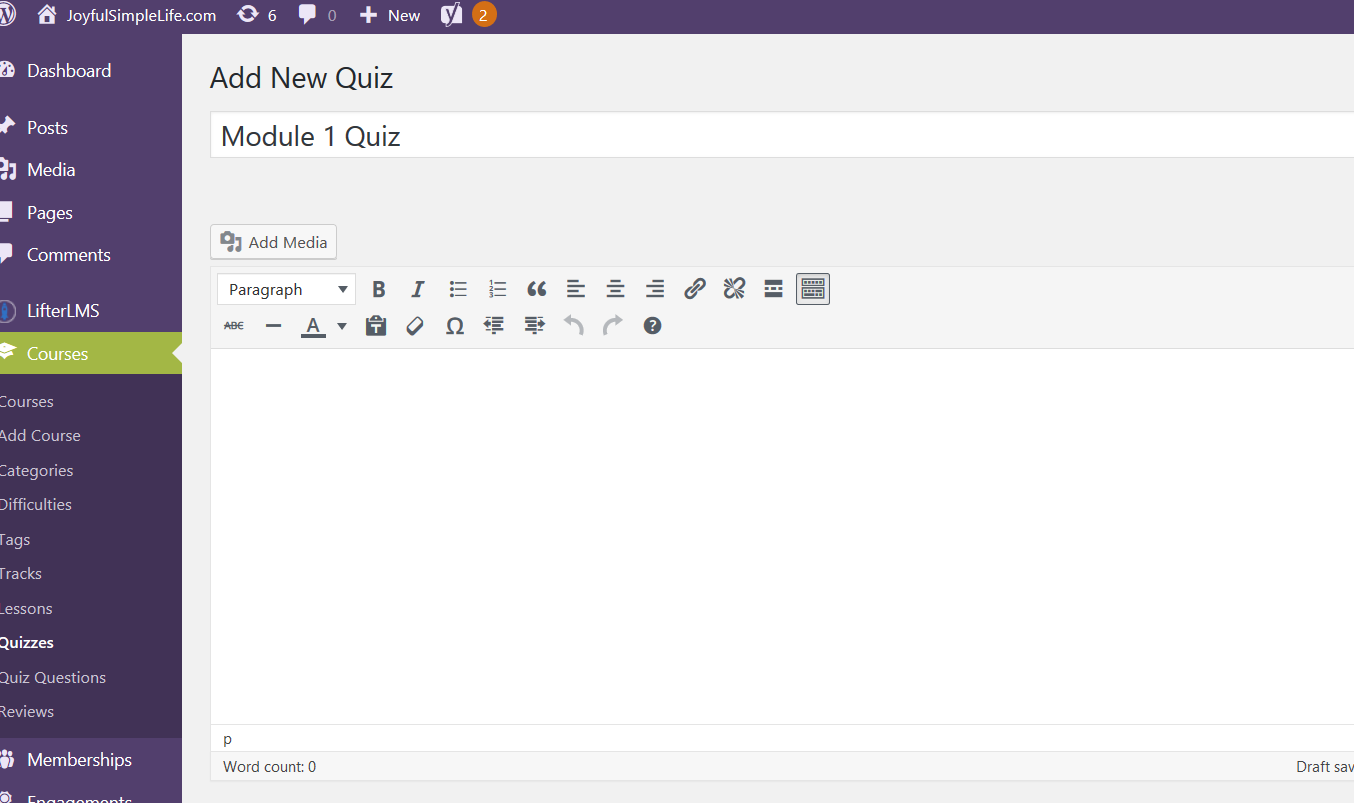 LifterLMS Add New Quiz screen