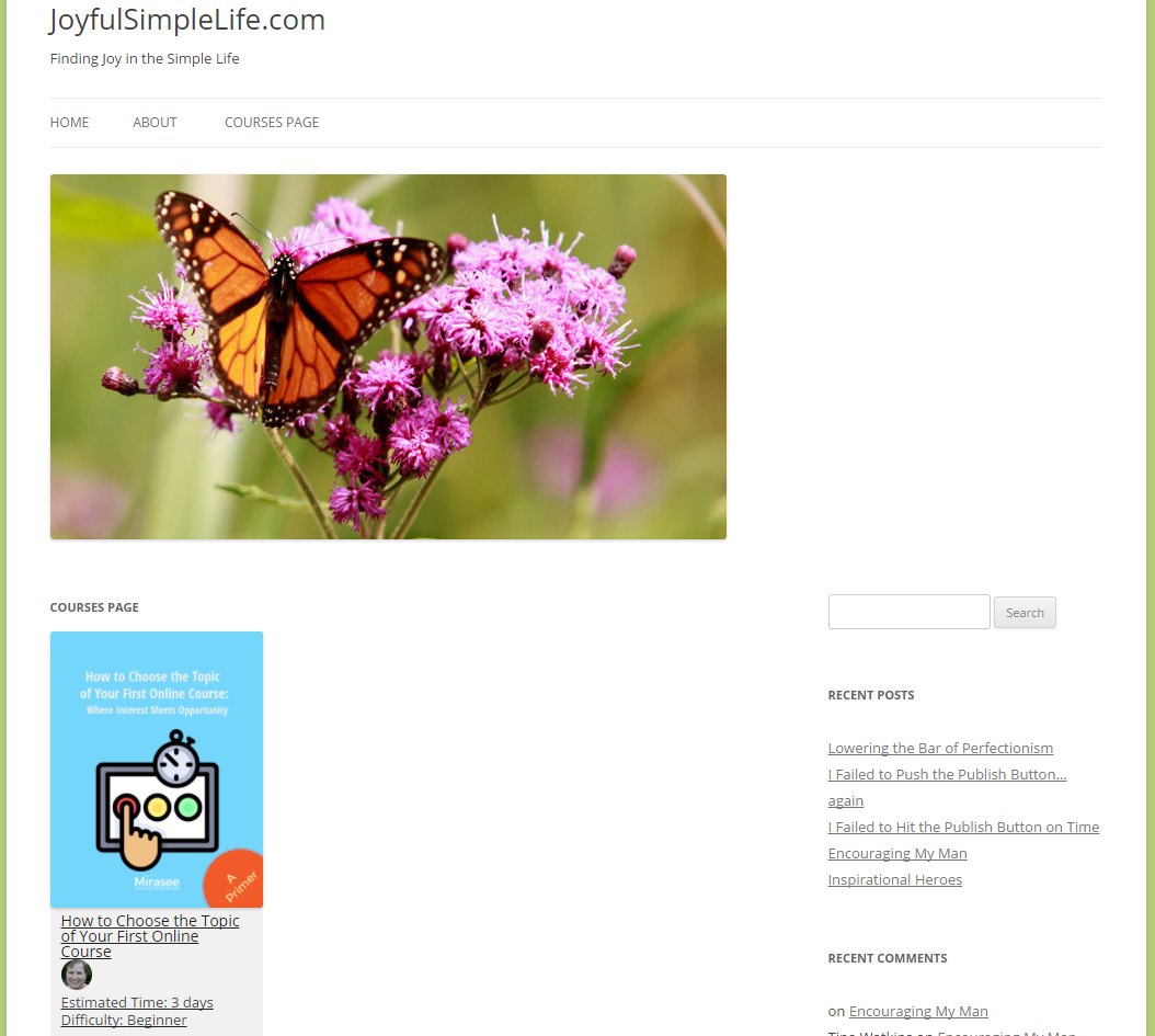 Picture of courses page on website with image of butterfly on flower