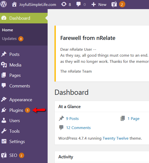 Screenshot of WordPress dashboard