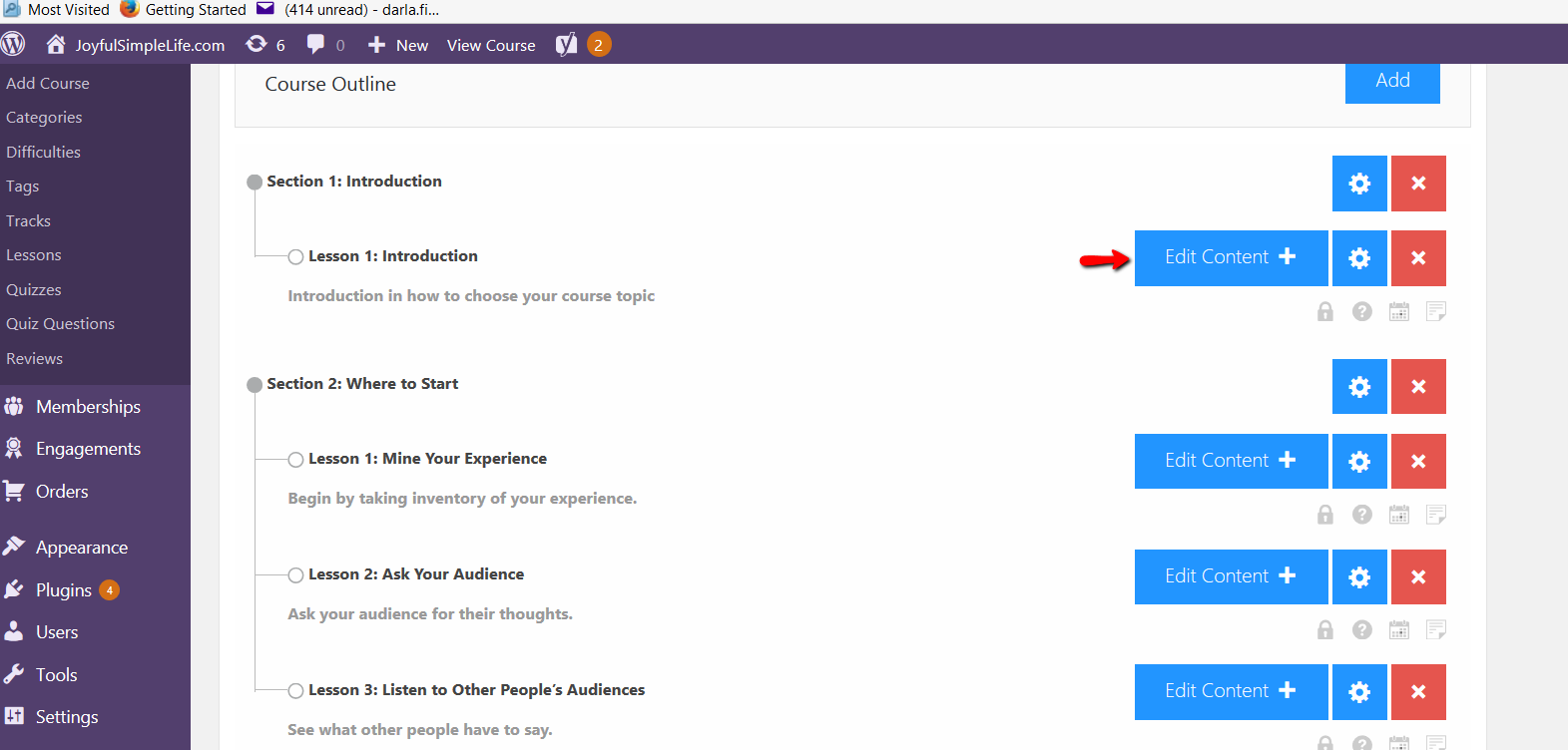 LifterLMS Add Course Content screen