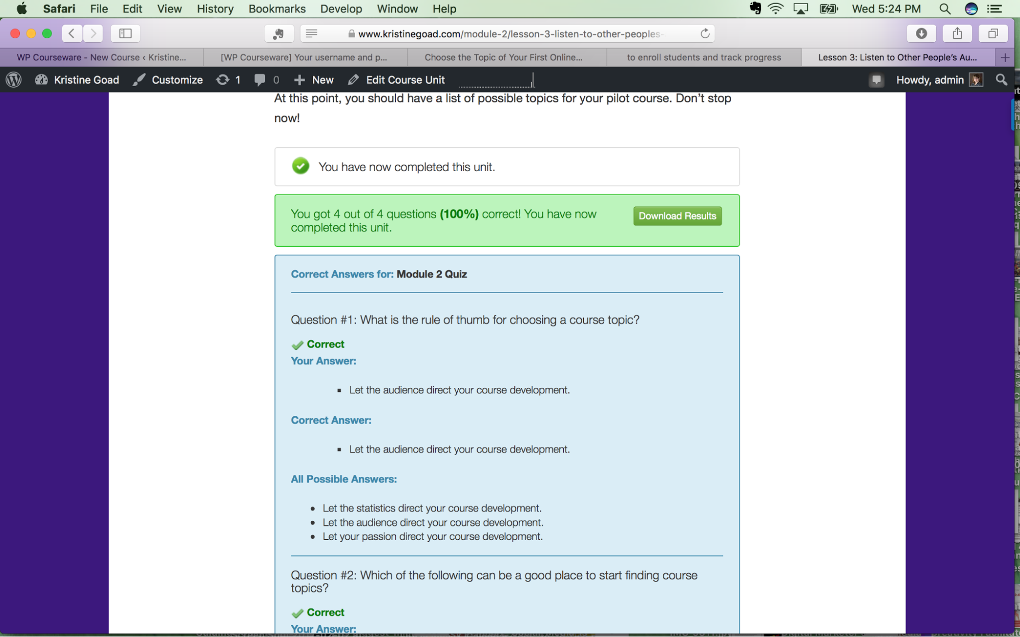 Student view of completed quiz