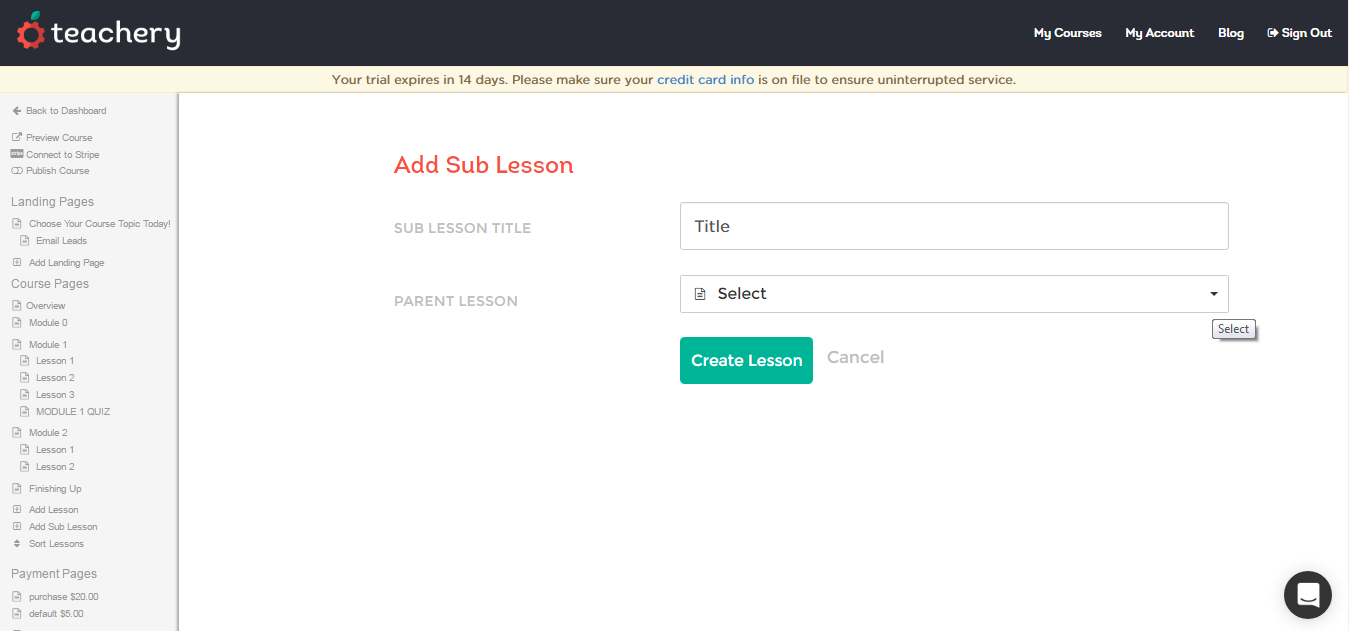 Teachery Add Sub Lesson page