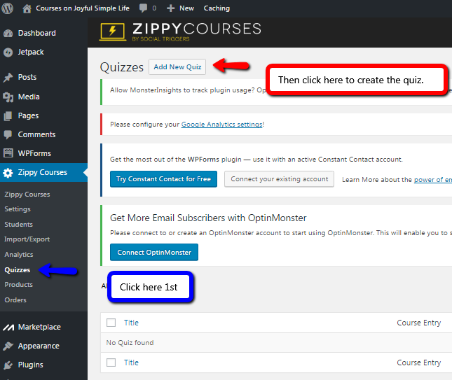 Zippy Courses Quizzes screen