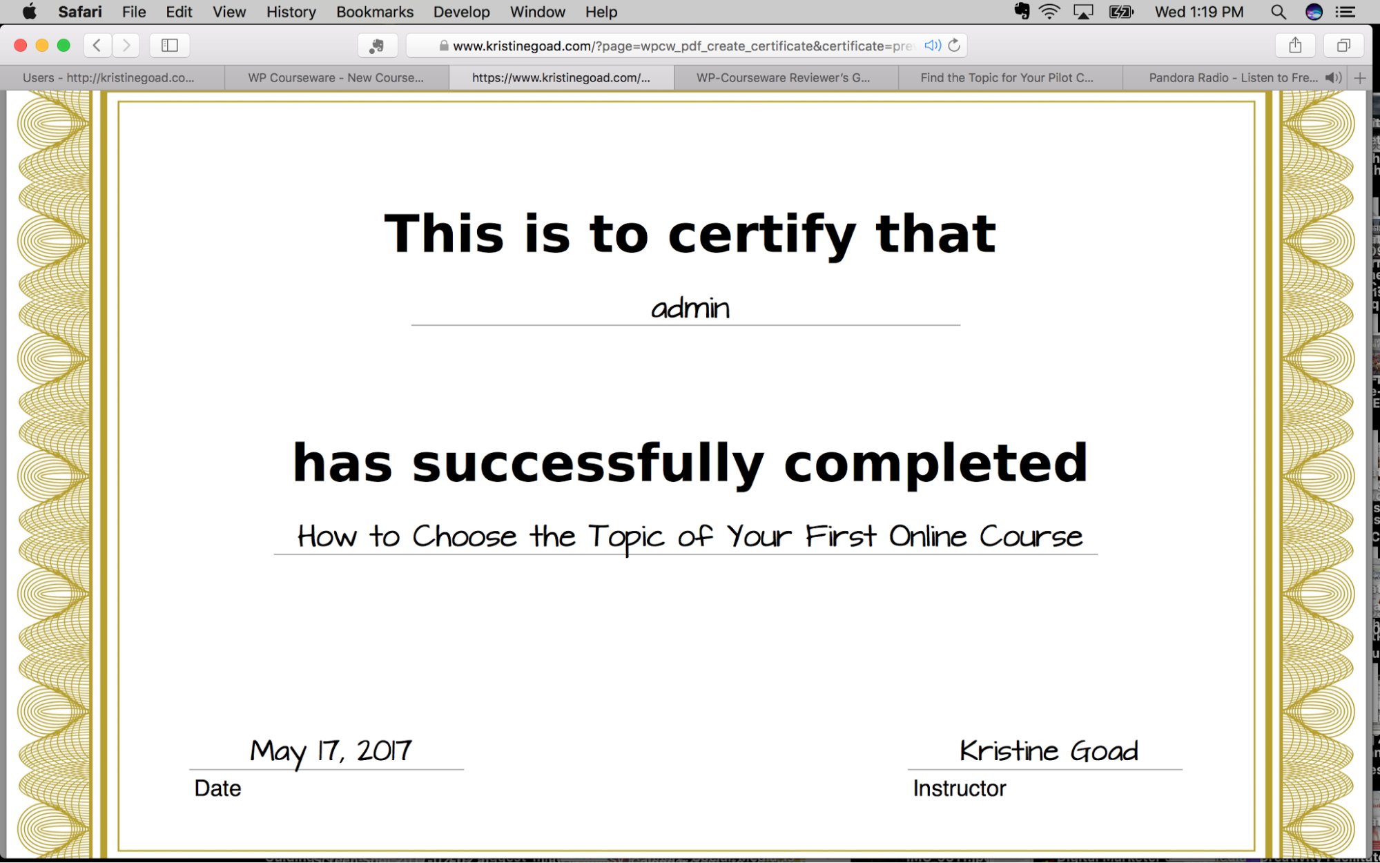Image of WP Courseware certificate of completion