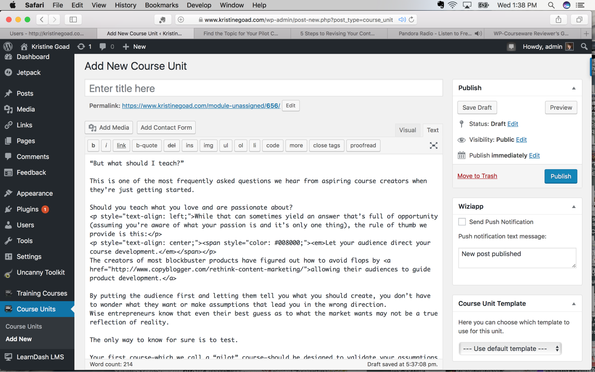 Create course units in WP Courseware text editor view