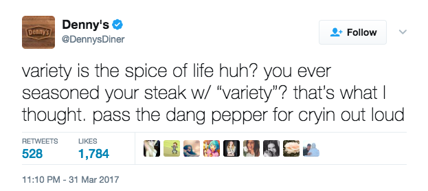 Humorous tweet from Denny's about steak seasoning demonstrating brand voice