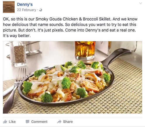 Tweet with picture of Denny's Gouda Chicken and Broccoli Skillet