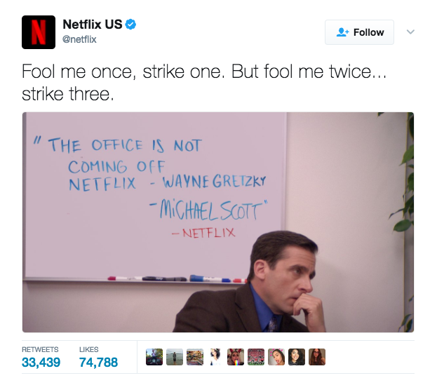 Netflix tweet about The Office 