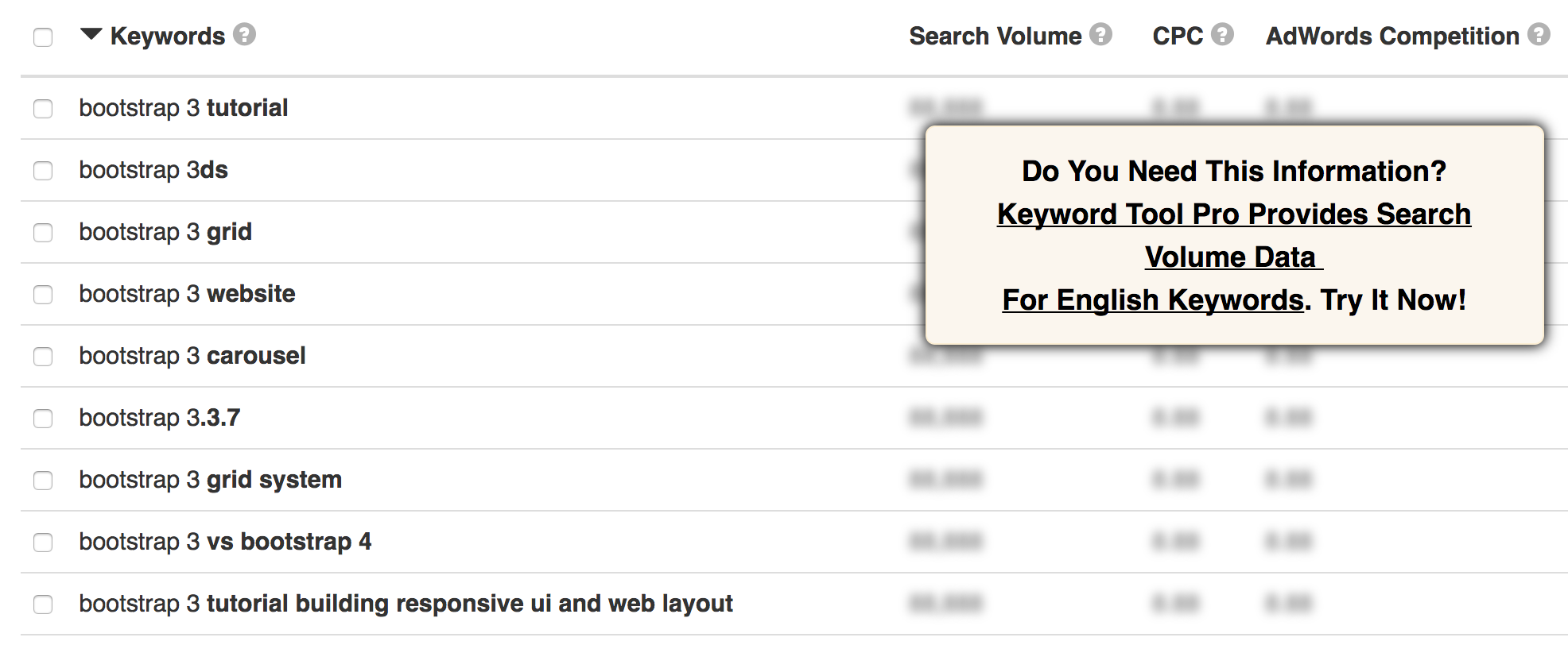 Keyword search for bootstrap 3 in KeywordTool.io