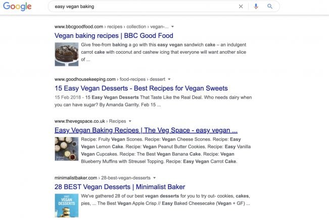 Google search results for easy vegan baking