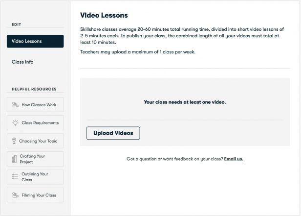 Skillshare upload video lessons screen